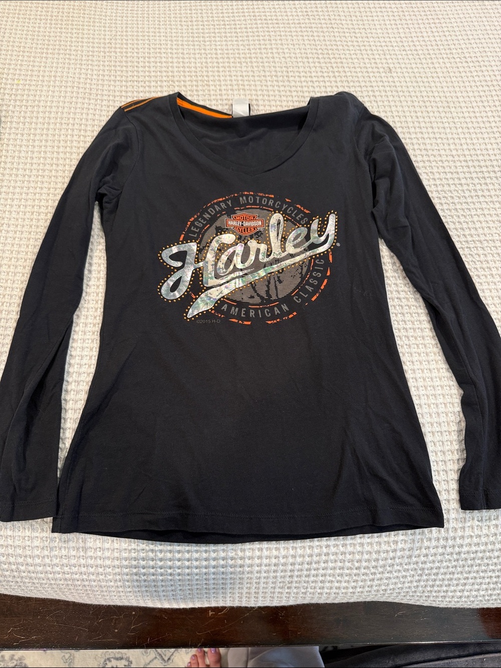 Harley-Davidson Black Long Sleeve Tee with Orange and Silver Accents